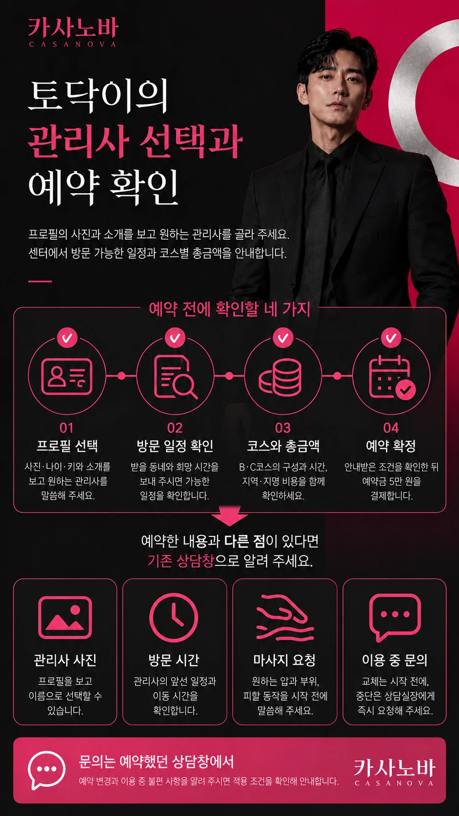 관리사 프로필 선택, 방문 일정과 코스 총금액 확인, 예약 확정 안내