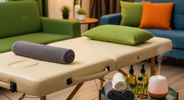 고객의 집에서 편안한 홈 케어를 위해 준비된 이동식 마사지 베드와 고급 아로마 오일