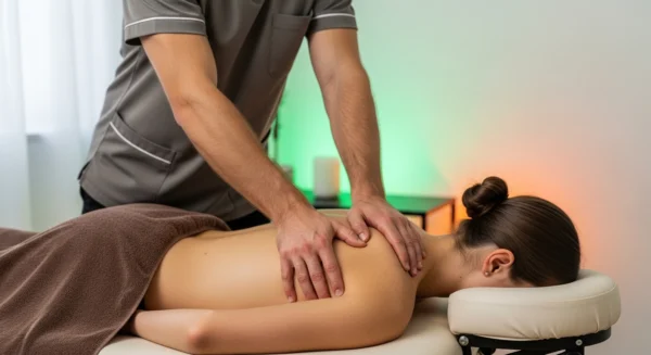 분당 여성전용 출장마사지: 남성 관리사가 자택에서 여성 고객에게 딥티슈 마사지를 제공하며 근육통을 해소하는 모습