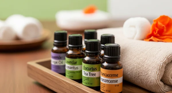 수원 여성전용마사지에 사용되는 유기농 아로마 오일 병들과 따뜻한 수건, 고급스러운 케어 제품들