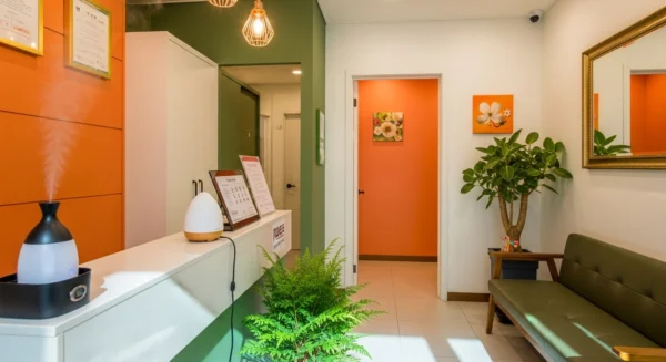 수원 여성전용 마사지샵의 청결하고 아늑한 리셉션 공간, 편안한 대기석과 은은한 인테리어