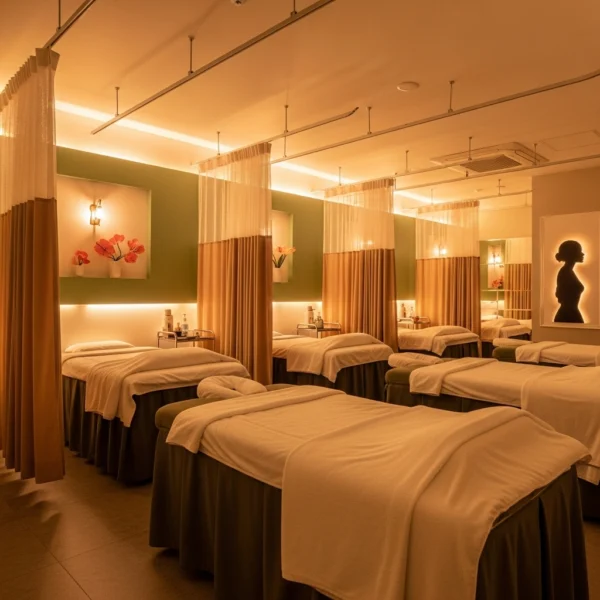 수원의 고급스러운 여성전용 마사지샵 내부, 은은한 조명과 편안한 분위기가 돋보이는 힐링 공간