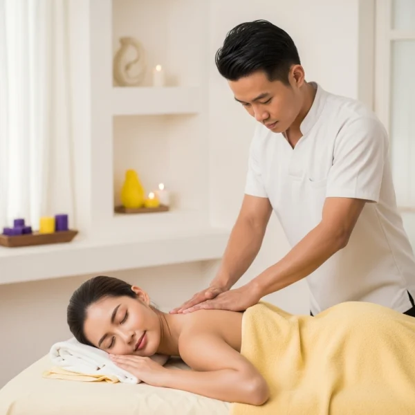 전문 남성 관리사가 자택에서 여성 고객에게 스웨디시 마사지를 제공하며 깊은 휴식을 선사하는 모습