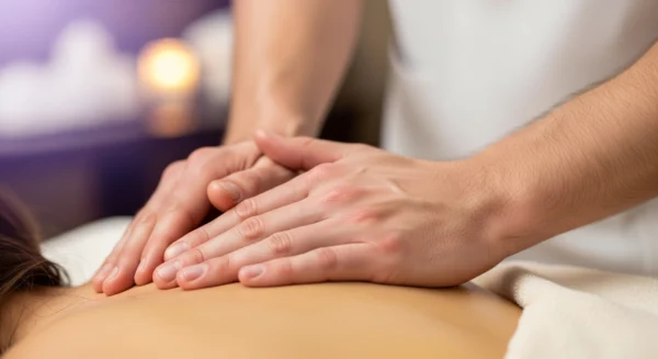 남성 관리사의 전문적이고 섬세한 손길이 여성의 어깨에 오일을 바르며 스웨디시 마사지를 하는 모습