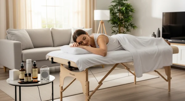 깔끔하게 정돈된 거실에서 이동식 마사지 베드에 누워 편안하게 출장 마사지를 받는 여성, 주변에 고급 오일과 릴랙싱 음악 장비가 놓여있음.