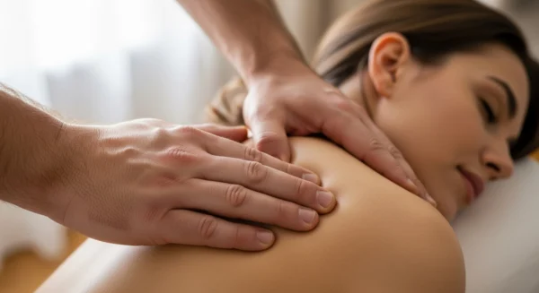 남성 관리사가 여성 고객의 어깨에 깊은 압력으로 딥티슈 마사지를 하는 모습, 근육 이완에 집중.