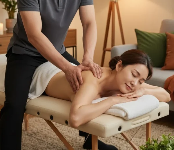 인천 출장 여성전용 마사지를 받는 여성, 남성 관리사가 딥티슈 마사지로 어깨 근육을 시원하게 풀어주는 모습.