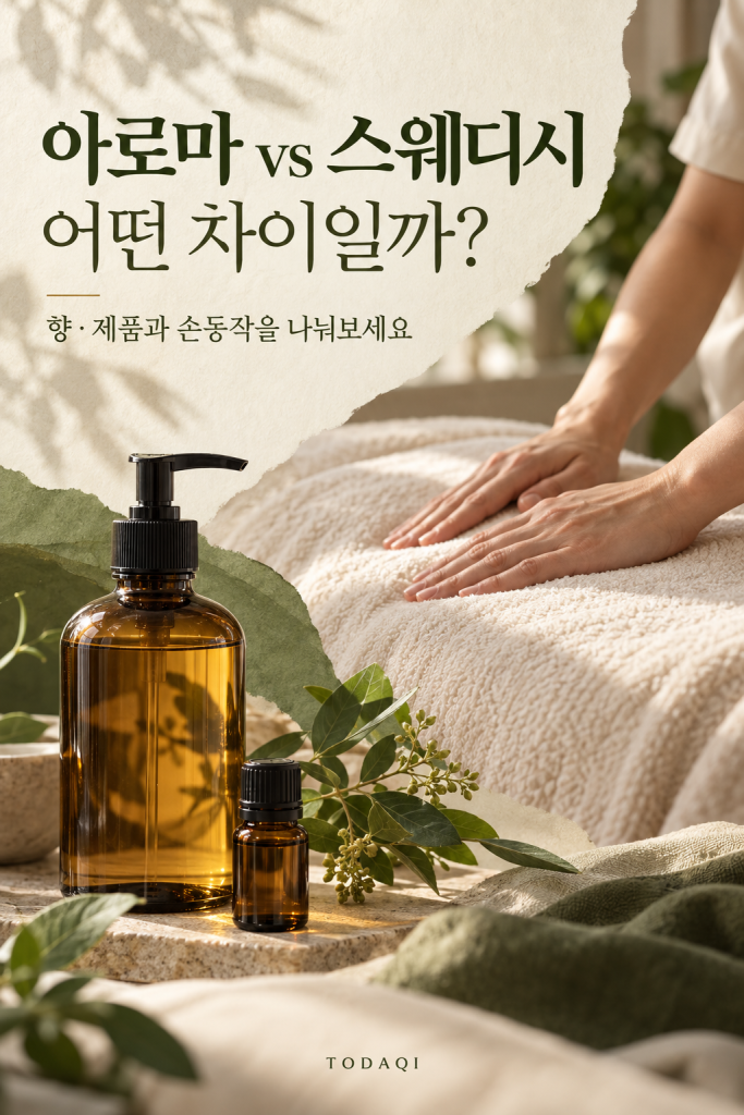 마사지 오일과 손의 움직임을 함께 배치해 아로마와 스웨디시의 비교 기준을 나타낸 이미지