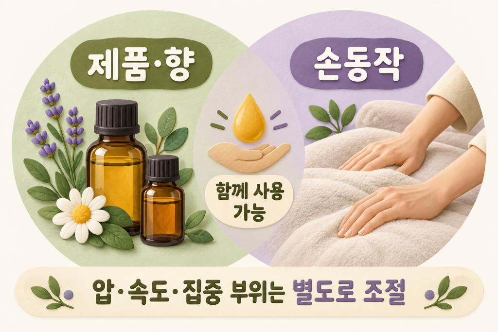 제품·향과 손동작을 나누고 아로마 오일과 스웨디시 동작이 함께 쓰일 수 있음을 보여주는 도식