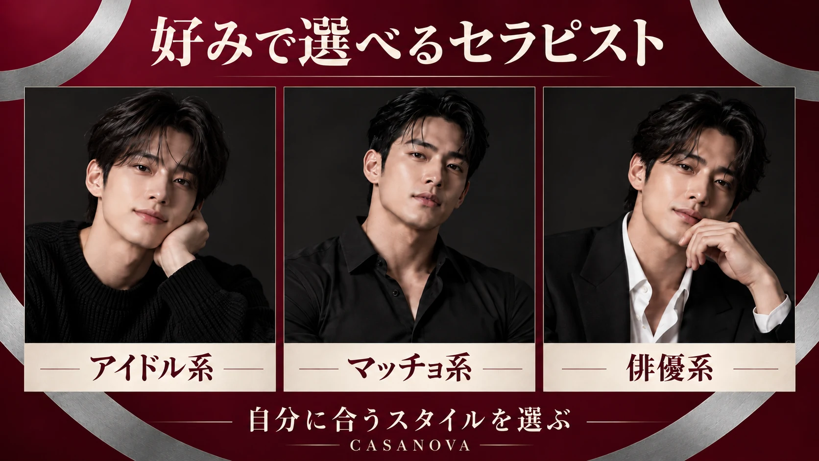 アイドル系・マッチョ系・俳優系のセラピスト選びを紹介する図