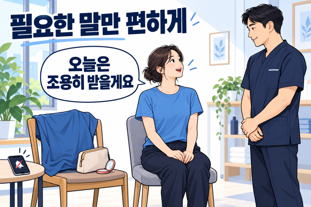 관리 전 오늘은 조용히 받고 싶다고 말하는 이용자의 일러스트