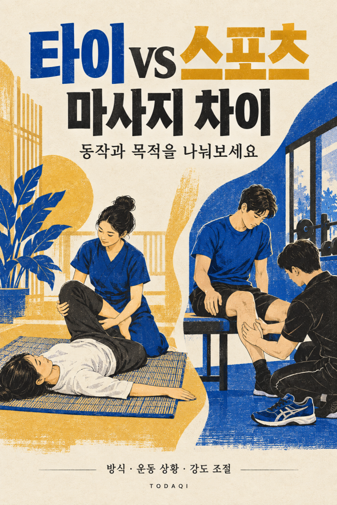 타이와 스포츠 마사지의 동작과 목적 차이를 옷을 입은 보조 스트레칭과 운동 상황의 하체 관리 예시로 표현한 코발트블루·오커 일러스트