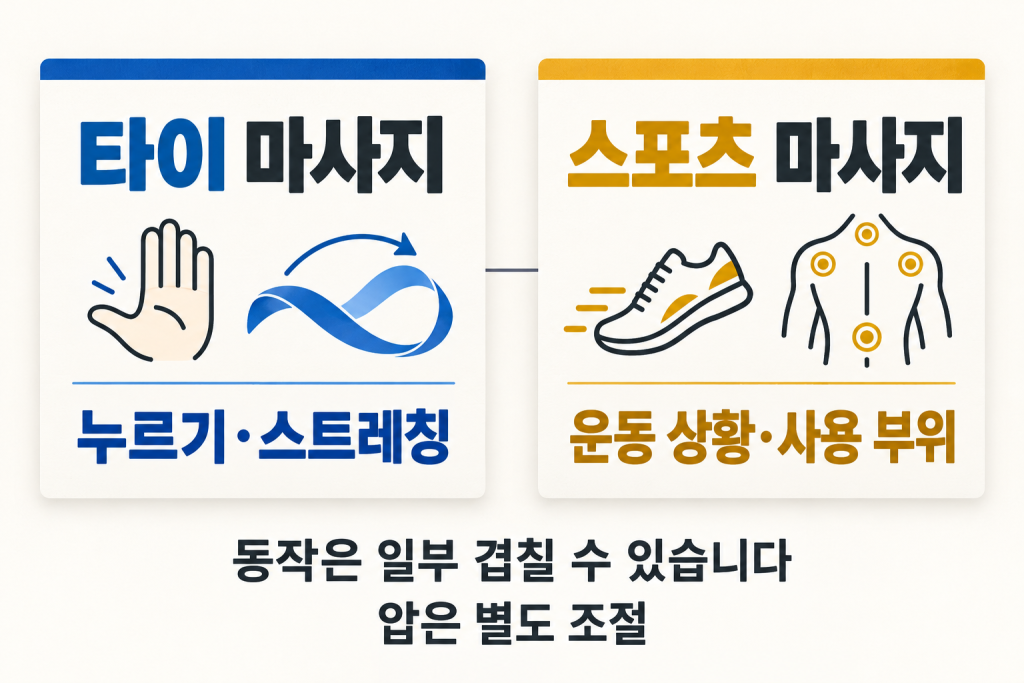 타이 마사지의 누르기·스트레칭과 스포츠 마사지의 운동 상황·사용 부위를 비교하고 동작은 겹칠 수 있으며 압은 별도 조절한다고 설명하는 카드