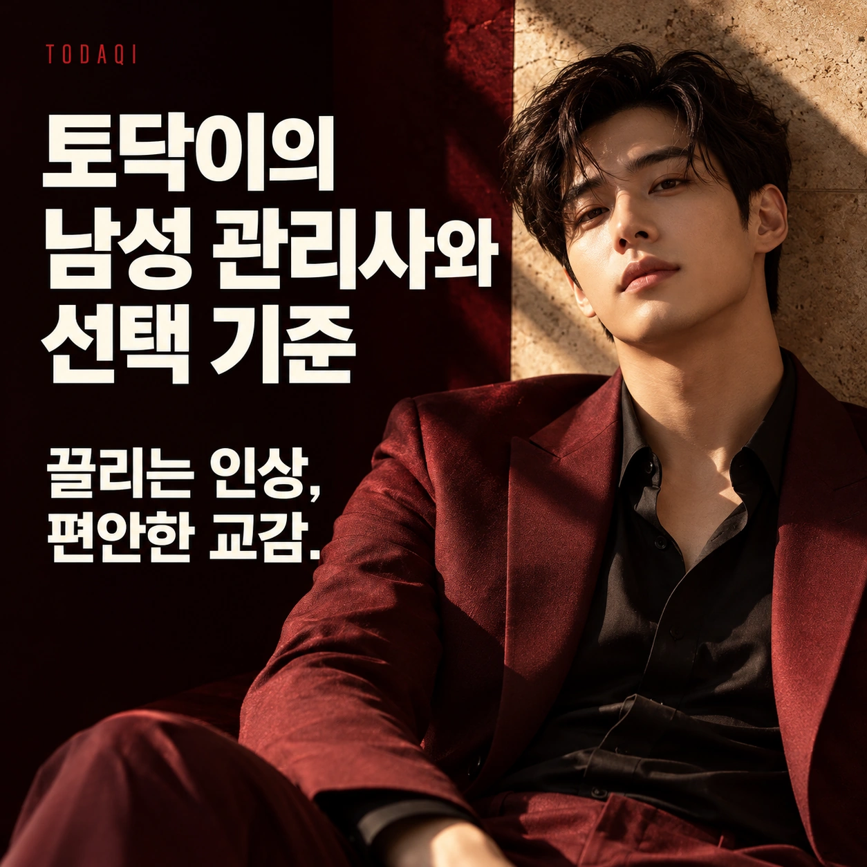 토닥이의 남성 관리사와 선택 기준 — 끌리는 인상, 편안한 교감. 토닥이 브랜드 연출 이미지.