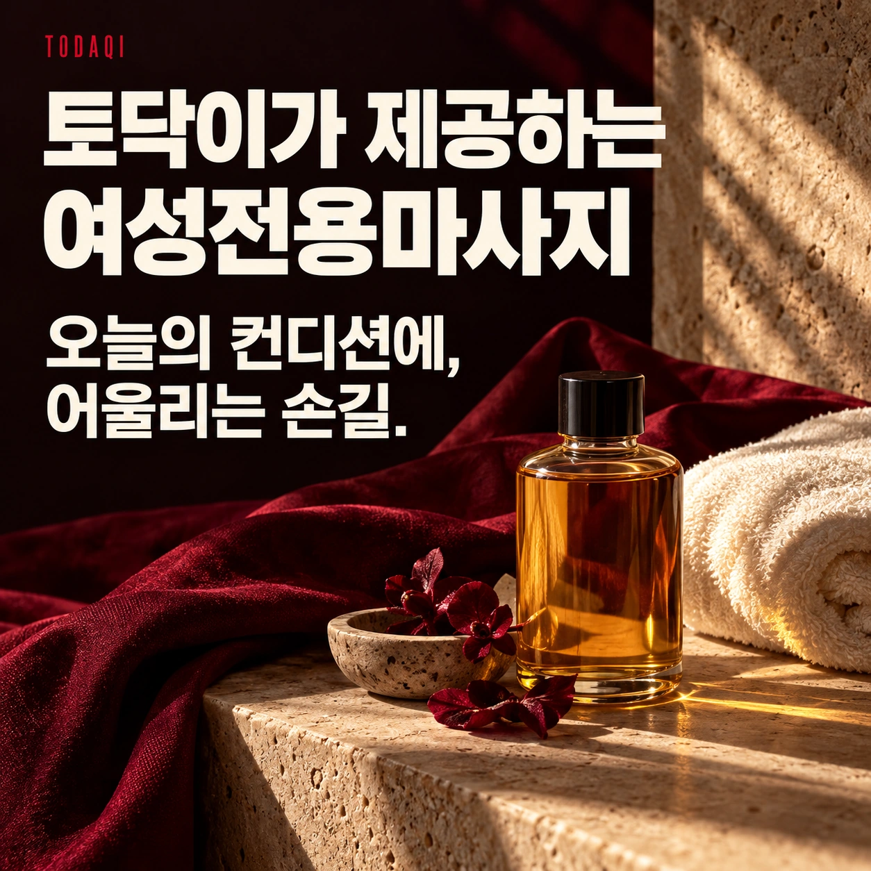 토닥이가 제공하는 여성전용마사지 — 오늘의 컨디션에, 어울리는 손길. 토닥이 브랜드 연출 이미지.