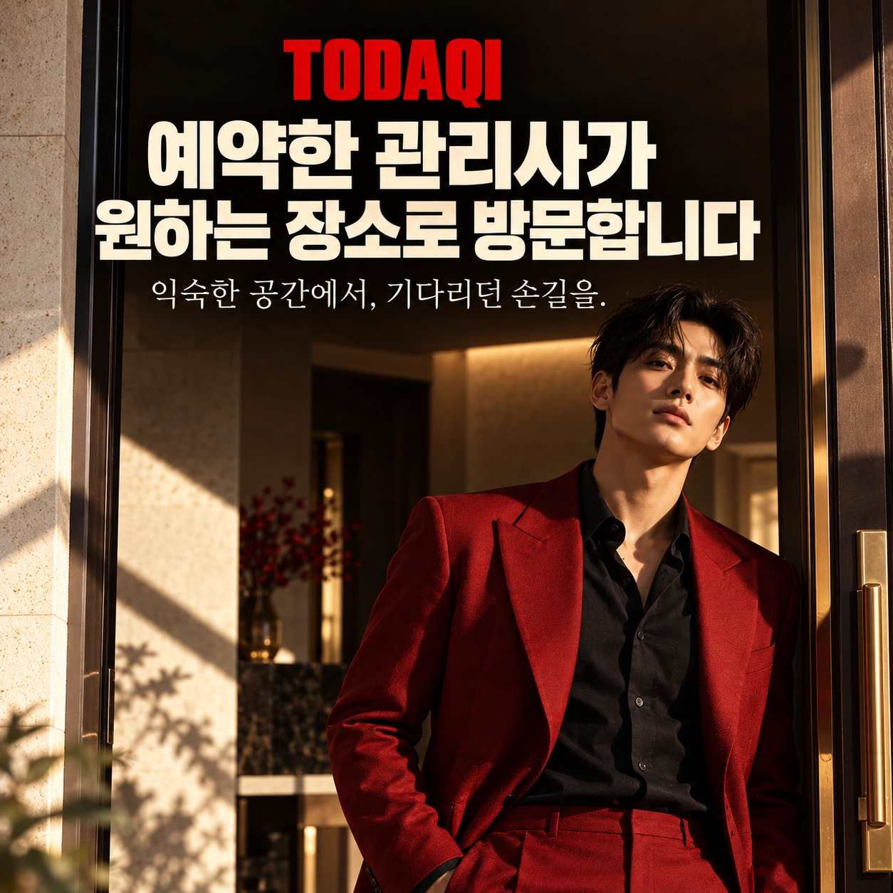 예약한 관리사가 원하는 장소로 방문합니다 — 익숙한 공간에서, 기다리던 손길을. 토닥이 브랜드 연출 이미지.