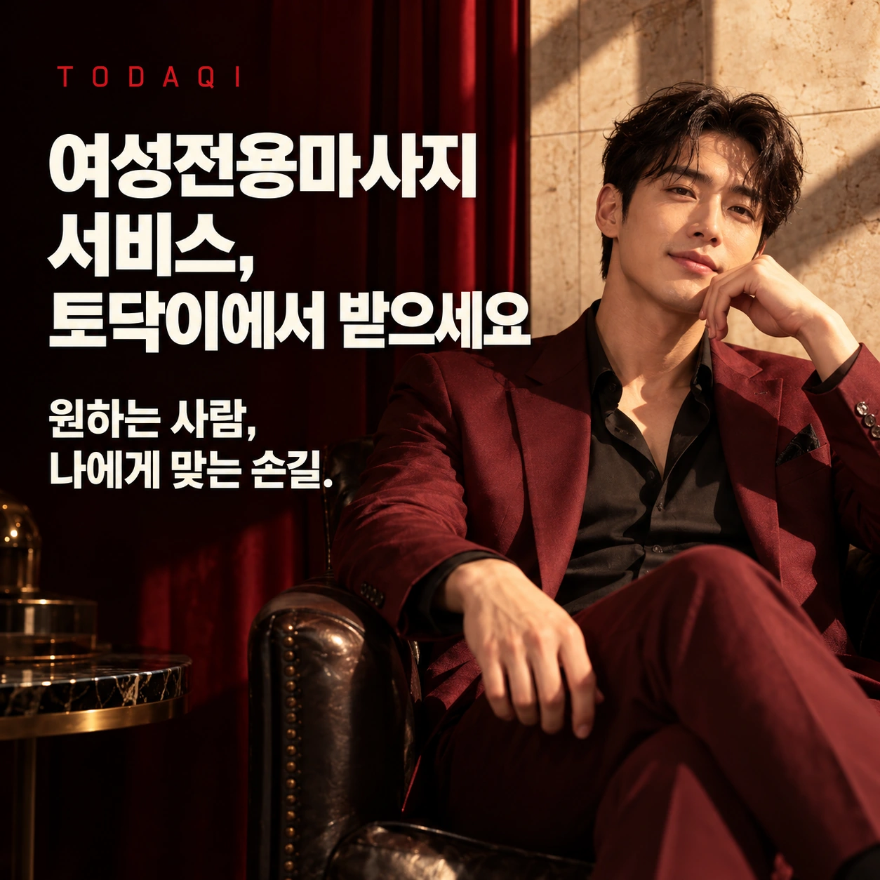여성전용마사지 서비스, 토닥이에서 받으세요 — 원하는 사람, 나에게 맞는 손길. 토닥이 브랜드 연출 이미지.