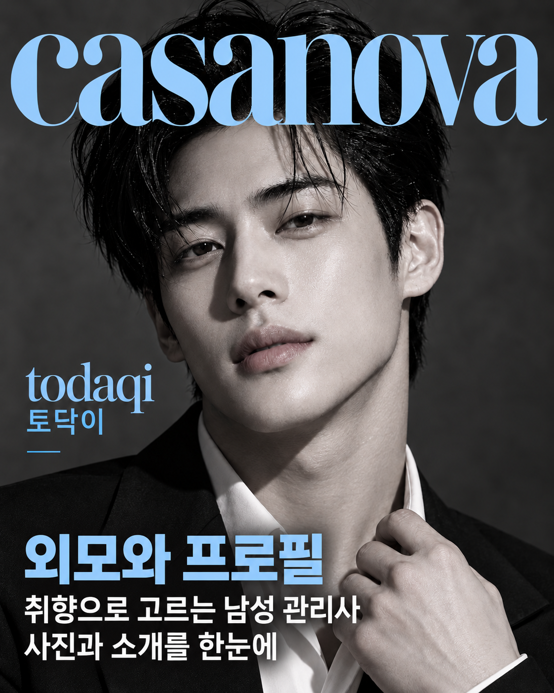 남성 모델과 관리사 선택 안내를 담은 토닥이 브랜드 화보