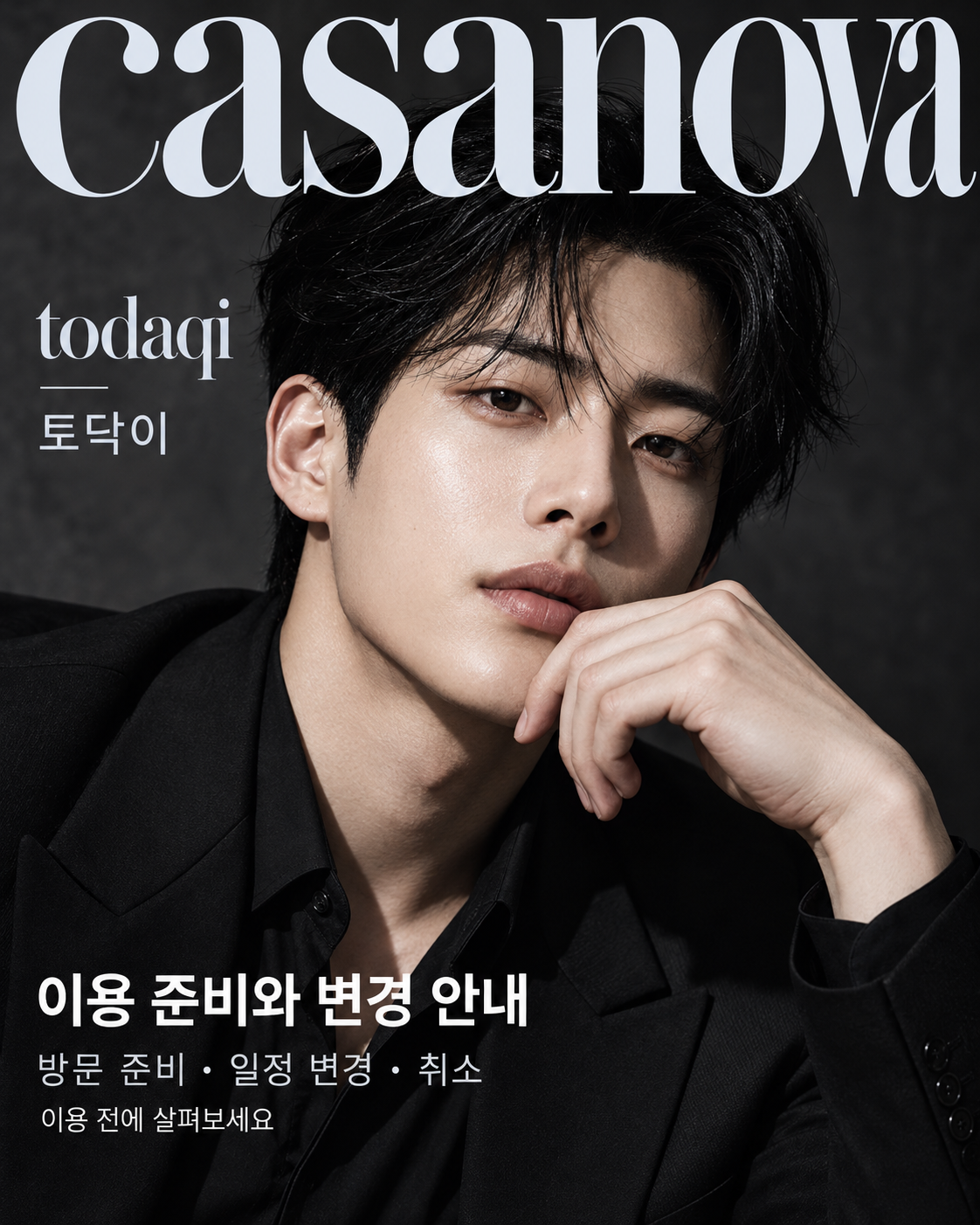 남성 모델과 이용 준비·변경 안내를 담은 토닥이 브랜드 화보