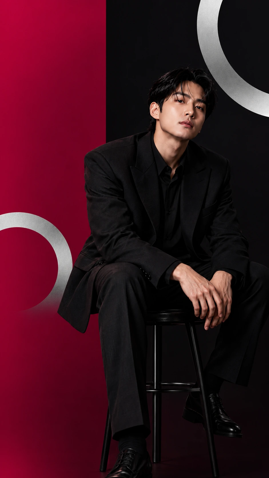 서로 다른 포즈의 검정 수트 남성 모델 화보 · 추가 요금 안내