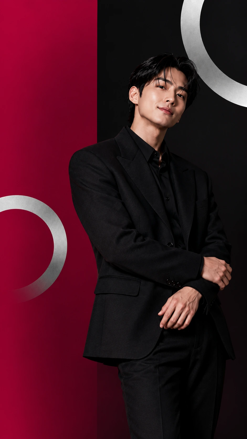 서로 다른 포즈의 검정 수트 남성 모델 화보 · 불편할 때의 처리