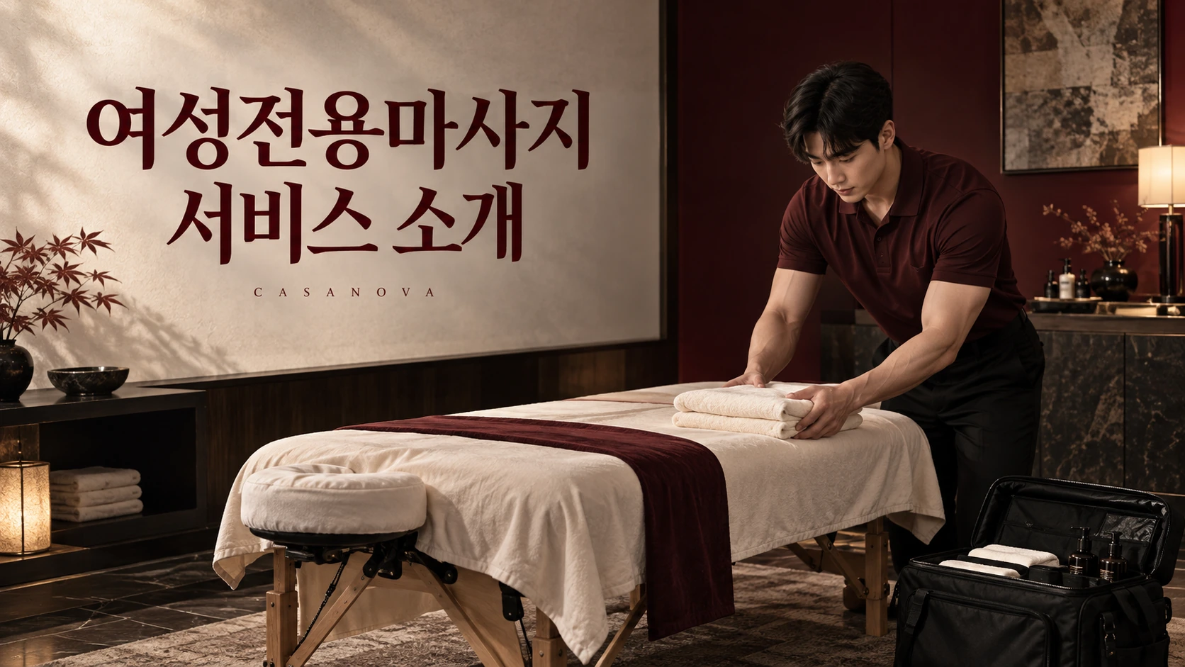 여성전용마사지 서비스 소개: 수건과 관리 공간을 준비하는 남성 모델