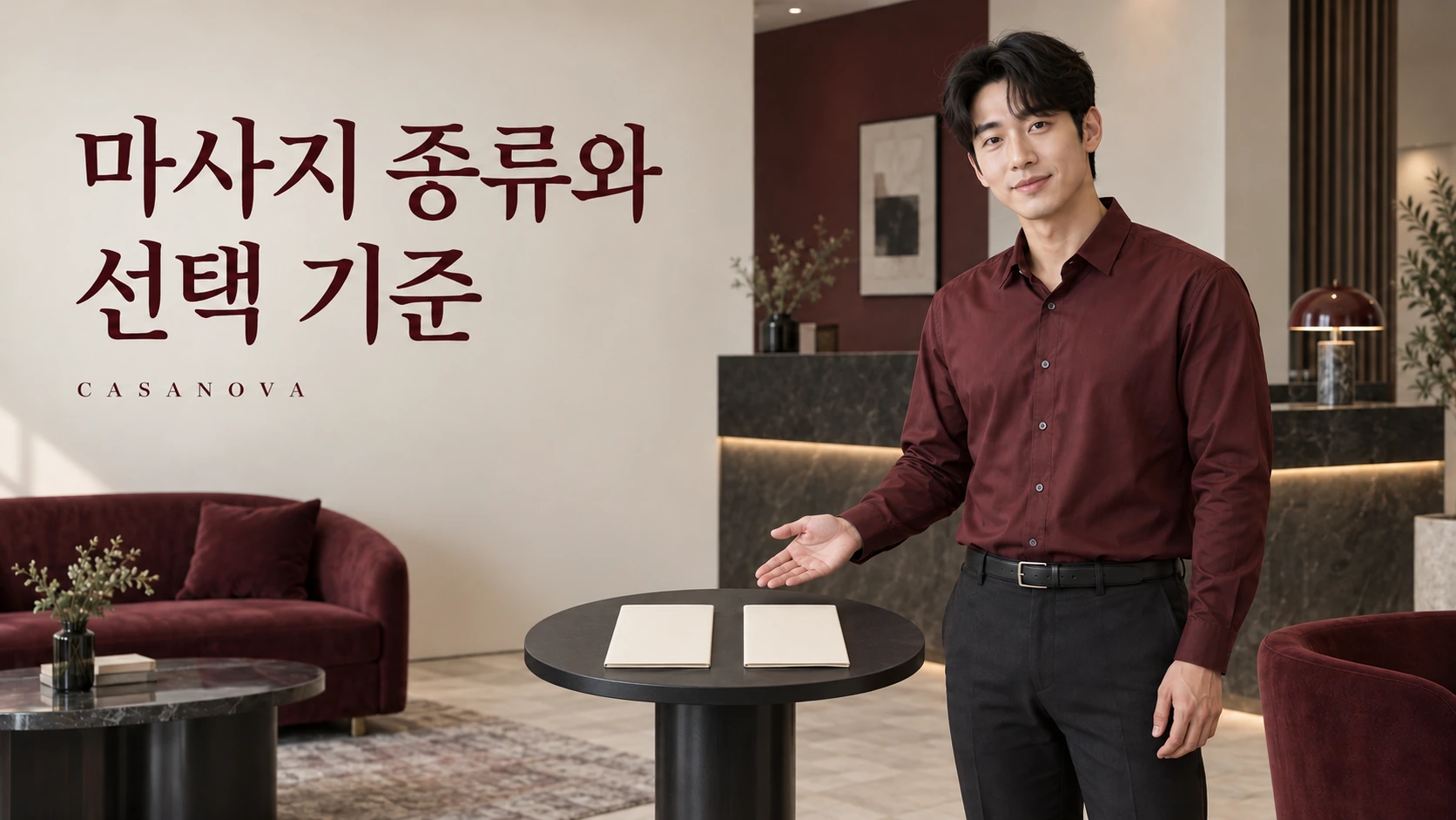마사지 종류와 선택 기준: 두 코스 안내를 설명하는 남성 모델