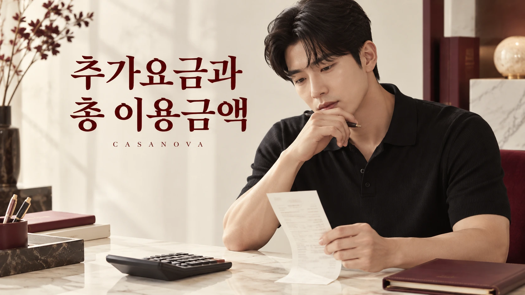 추가요금과 총 이용금액: 계산기와 비용 내역을 확인하는 장면