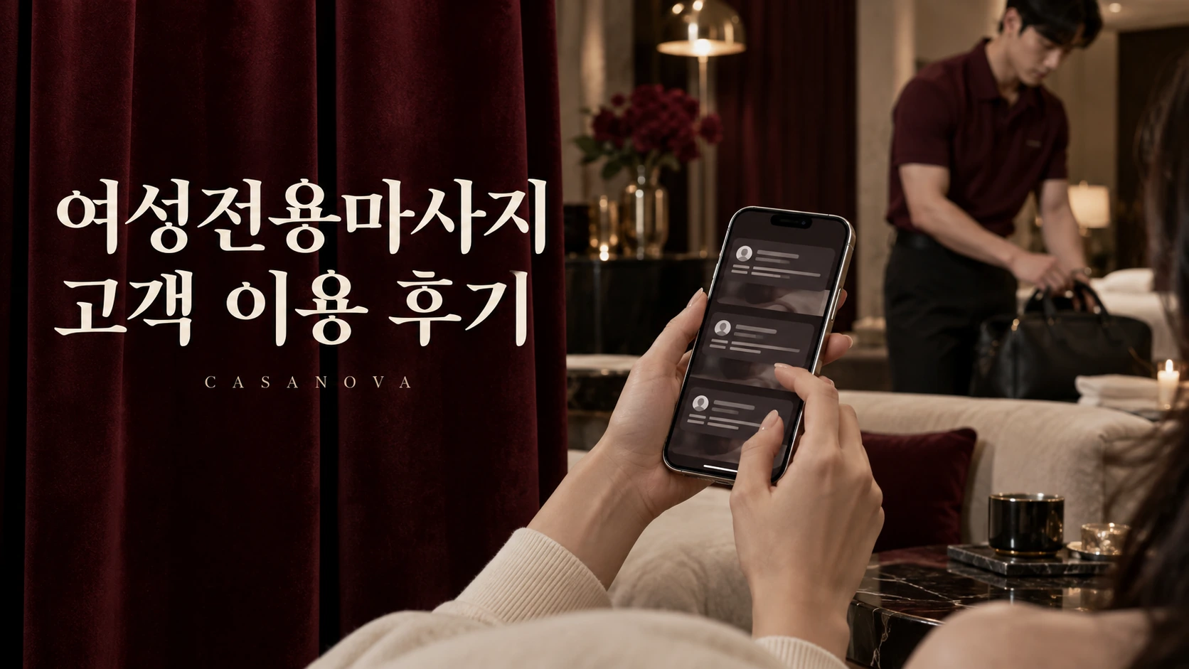 여성전용마사지 고객 이용 후기: 휴대전화로 후기를 확인하는 장면