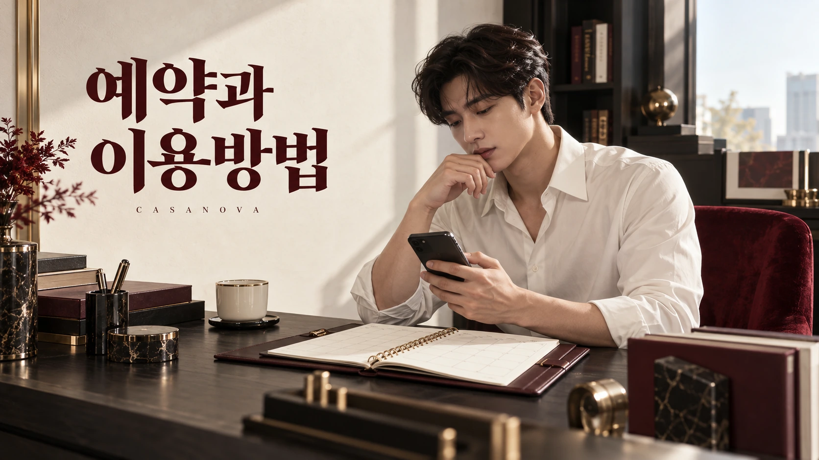 예약과 이용방법: 달력과 휴대전화로 일정을 확인하는 남성 모델
