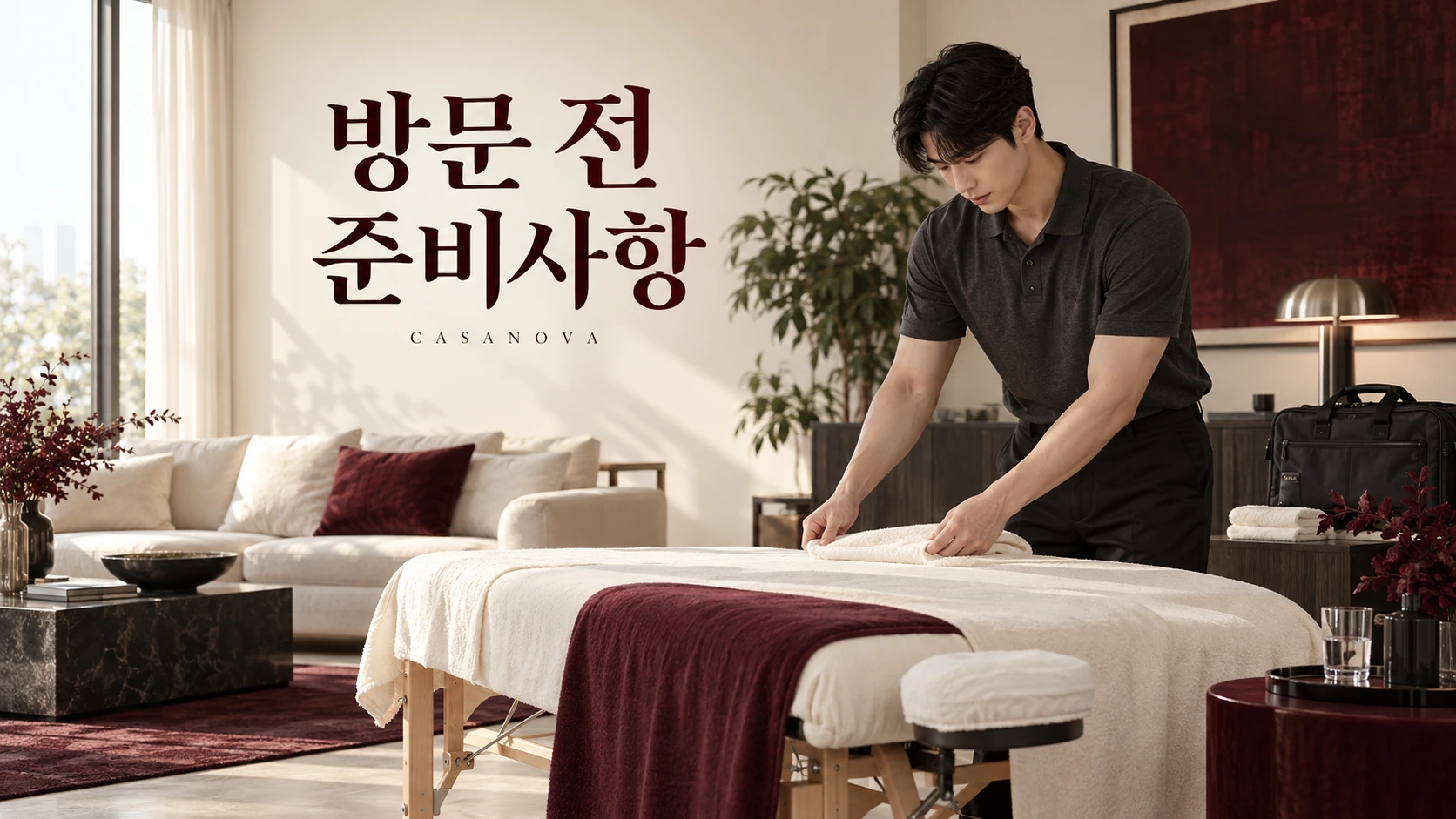 방문 전 준비사항: 관리 공간과 수건을 정리하는 남성 모델