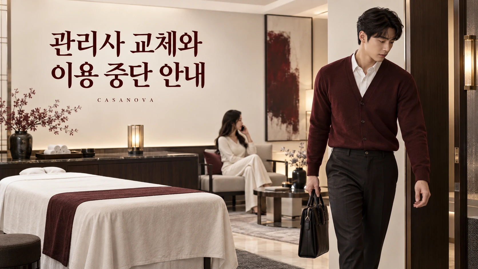 관리사 교체와 이용 중단 안내: 고객의 통화 중 방문 가방을 정리하는 남성 모델
